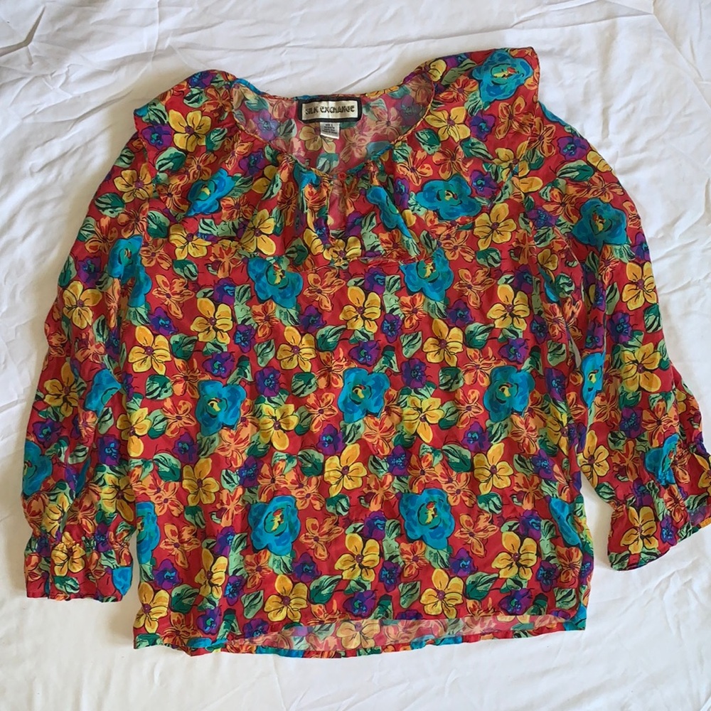 Vintage Silk Exchange Floral Blouse 100% Silk Size Large Long Sleeves Ruffle